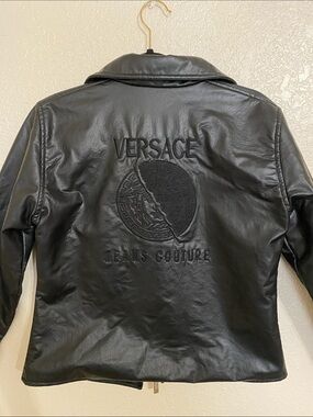 Versace Black Leather Jacket with Embroidered Logo